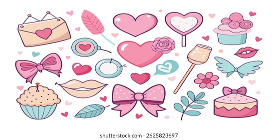 This charming set of hand-drawn coquette elements is perfect for Valentine's Day, birthdays, holidays, Friendship Day, and Christmas designs. Great for cards, prints, scrapbooks, and digital projects.