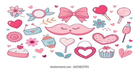 This charming set of hand-drawn coquette elements is perfect for Valentine's Day, birthdays, holidays, Friendship Day, and Christmas designs. Great for cards, prints, scrapbooks, and digital projects.
