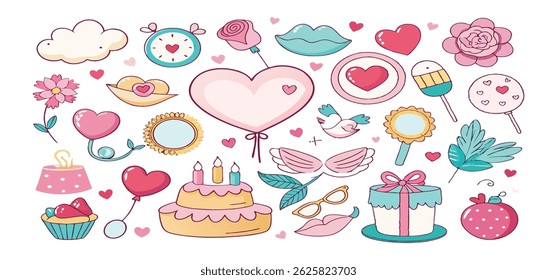 This charming set of hand-drawn coquette elements is perfect for Valentine's Day, birthdays, holidays, Friendship Day, and Christmas designs. Great for cards, prints, scrapbooks, and digital projects.