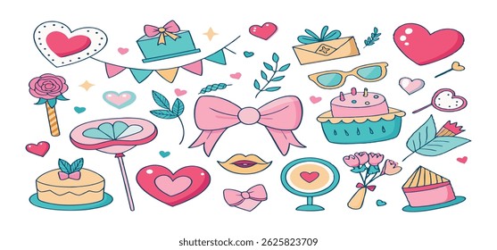 This charming set of hand-drawn coquette elements is perfect for Valentine's Day, birthdays, holidays, Friendship Day, and Christmas designs. Great for cards, prints, scrapbooks, and digital projects.