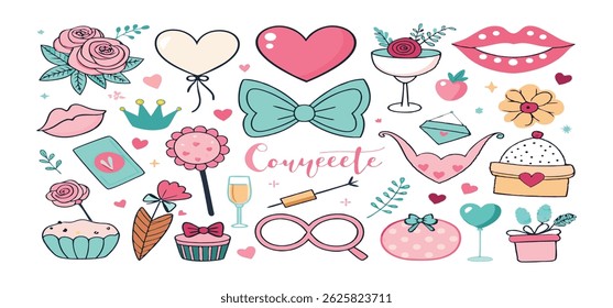 This charming set of hand-drawn coquette elements is perfect for Valentine's Day, birthdays, holidays, Friendship Day, and Christmas designs. Great for cards, prints, scrapbooks, and digital projects.