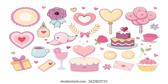 This charming set of hand-drawn coquette elements is perfect for Valentine's Day, birthdays, holidays, Friendship Day, and Christmas designs. Great for cards, prints, scrapbooks, and digital projects.