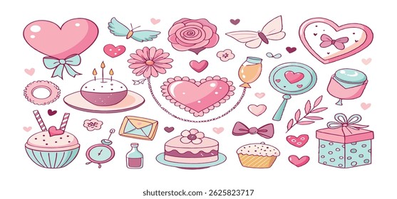 This charming set of hand-drawn coquette elements is perfect for Valentine's Day, birthdays, holidays, Friendship Day, and Christmas designs. Great for cards, prints, scrapbooks, and digital projects.