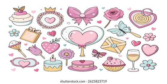 This charming set of hand-drawn coquette elements is perfect for Valentine's Day, birthdays, holidays, Friendship Day, and Christmas designs. Great for cards, prints, scrapbooks, and digital projects.