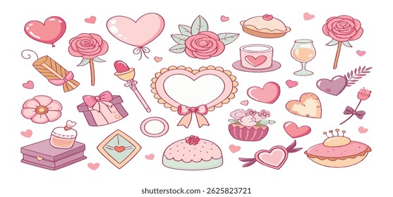 This charming set of hand-drawn coquette elements is perfect for Valentine's Day, birthdays, holidays, Friendship Day, and Christmas designs. Great for cards, prints, scrapbooks, and digital projects.
