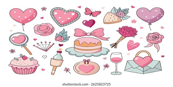 This charming set of hand-drawn coquette elements is perfect for Valentine's Day, birthdays, holidays, Friendship Day, and Christmas designs. Great for cards, prints, scrapbooks, and digital projects.