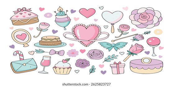 This charming set of hand-drawn coquette elements is perfect for Valentine's Day, birthdays, holidays, Friendship Day, and Christmas designs. Great for cards, prints, scrapbooks, and digital projects.