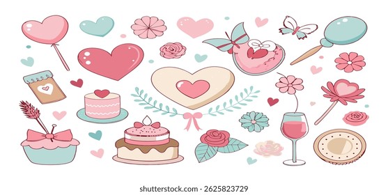 This charming set of hand-drawn coquette elements is perfect for Valentine's Day, birthdays, holidays, Friendship Day, and Christmas designs. Great for cards, prints, scrapbooks, and digital projects.