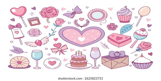 This charming set of hand-drawn coquette elements is perfect for Valentine's Day, birthdays, holidays, Friendship Day, and Christmas designs. Great for cards, prints, scrapbooks, and digital projects.