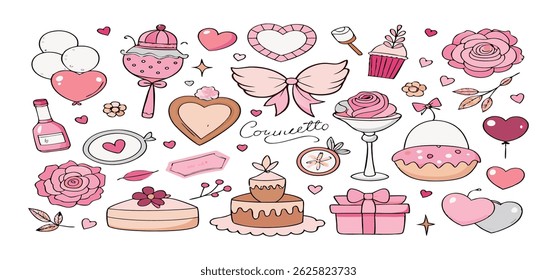 This charming set of hand-drawn coquette elements is perfect for Valentine's Day, birthdays, holidays, Friendship Day, and Christmas designs. Great for cards, prints, scrapbooks, and digital projects.