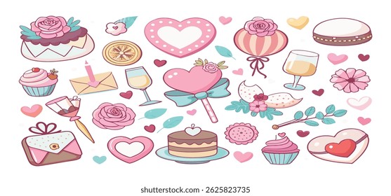 This charming set of hand-drawn coquette elements is perfect for Valentine's Day, birthdays, holidays, Friendship Day, and Christmas designs. Great for cards, prints, scrapbooks, and digital projects.