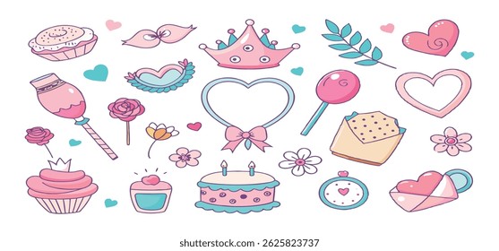 This charming set of hand-drawn coquette elements is perfect for Valentine's Day, birthdays, holidays, Friendship Day, and Christmas designs. Great for cards, prints, scrapbooks, and digital projects.