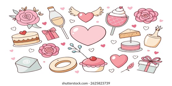 This charming set of hand-drawn coquette elements is perfect for Valentine's Day, birthdays, holidays, Friendship Day, and Christmas designs. Great for cards, prints, scrapbooks, and digital projects.