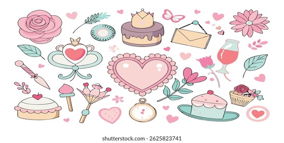 This charming set of hand-drawn coquette elements is perfect for Valentine's Day, birthdays, holidays, Friendship Day, and Christmas designs. Great for cards, prints, scrapbooks, and digital projects.