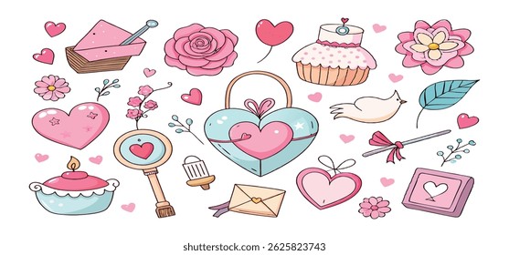 This charming set of hand-drawn coquette elements is perfect for Valentine's Day, birthdays, holidays, Friendship Day, and Christmas designs. Great for cards, prints, scrapbooks, and digital projects.