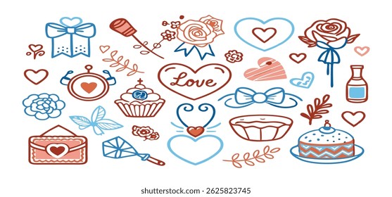 This charming set of hand-drawn coquette elements is perfect for Valentine's Day, birthdays, holidays, Friendship Day, and Christmas designs. Great for cards, prints, scrapbooks, and digital projects.
