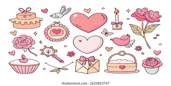 This charming set of hand-drawn coquette elements is perfect for Valentine's Day, birthdays, holidays, Friendship Day, and Christmas designs. Great for cards, prints, scrapbooks, and digital projects.
