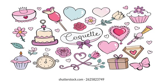 This charming set of hand-drawn coquette elements is perfect for Valentine's Day, birthdays, holidays, Friendship Day, and Christmas designs. Great for cards, prints, scrapbooks, and digital projects.