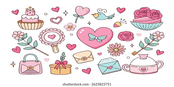 This charming set of hand-drawn coquette elements is perfect for Valentine's Day, birthdays, holidays, Friendship Day, and Christmas designs. Great for cards, prints, scrapbooks, and digital projects.