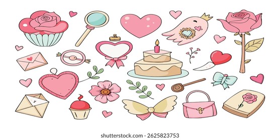 This charming set of hand-drawn coquette elements is perfect for Valentine's Day, birthdays, holidays, Friendship Day, and Christmas designs. Great for cards, prints, scrapbooks, and digital projects.