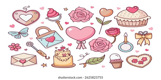 This charming set of hand-drawn coquette elements is perfect for Valentine's Day, birthdays, holidays, Friendship Day, and Christmas designs. Great for cards, prints, scrapbooks, and digital projects.