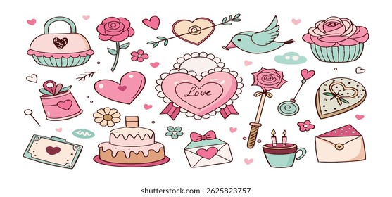 This charming set of hand-drawn coquette elements is perfect for Valentine's Day, birthdays, holidays, Friendship Day, and Christmas designs. Great for cards, prints, scrapbooks, and digital projects.