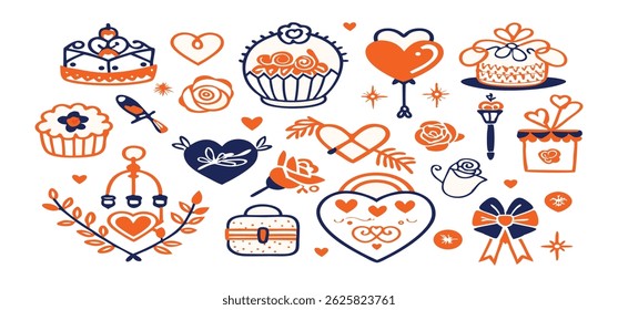 This charming set of hand-drawn coquette elements is perfect for Valentine's Day, birthdays, holidays, Friendship Day, and Christmas designs. Great for cards, prints, scrapbooks, and digital projects.