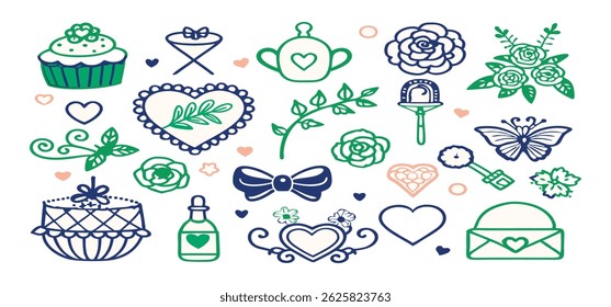 This charming set of hand-drawn coquette elements is perfect for Valentine's Day, birthdays, holidays, Friendship Day, and Christmas designs. Great for cards, prints, scrapbooks, and digital projects.