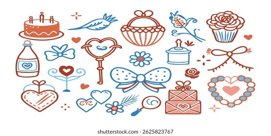 This charming set of hand-drawn coquette elements is perfect for Valentine's Day, birthdays, holidays, Friendship Day, and Christmas designs. Great for cards, prints, scrapbooks, and digital projects.