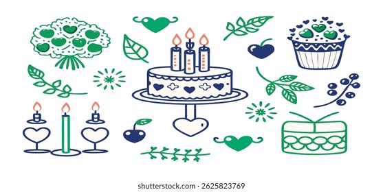 This charming set of hand-drawn coquette elements is perfect for Valentine's Day, birthdays, holidays, Friendship Day, and Christmas designs. Great for cards, prints, scrapbooks, and digital projects.