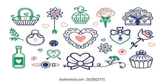 This charming set of hand-drawn coquette elements is perfect for Valentine's Day, birthdays, holidays, Friendship Day, and Christmas designs. Great for cards, prints, scrapbooks, and digital projects.