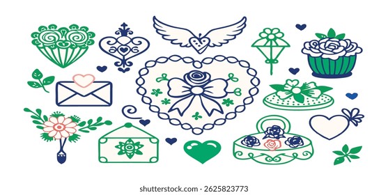 This charming set of hand-drawn coquette elements is perfect for Valentine's Day, birthdays, holidays, Friendship Day, and Christmas designs. Great for cards, prints, scrapbooks, and digital projects.