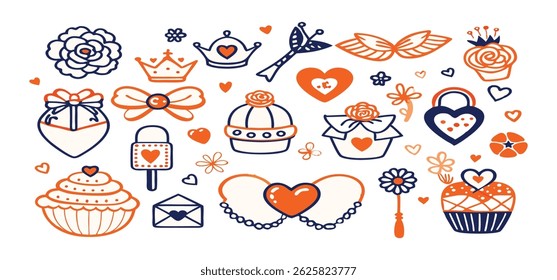 This charming set of hand-drawn coquette elements is perfect for Valentine's Day, birthdays, holidays, Friendship Day, and Christmas designs. Great for cards, prints, scrapbooks, and digital projects.
