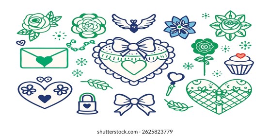 This charming set of hand-drawn coquette elements is perfect for Valentine's Day, birthdays, holidays, Friendship Day, and Christmas designs. Great for cards, prints, scrapbooks, and digital projects.