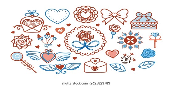 This charming set of hand-drawn coquette elements is perfect for Valentine's Day, birthdays, holidays, Friendship Day, and Christmas designs. Great for cards, prints, scrapbooks, and digital projects.