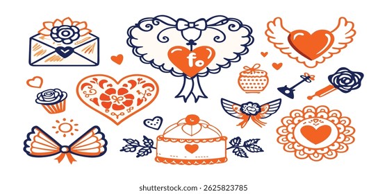 This charming set of hand-drawn coquette elements is perfect for Valentine's Day, birthdays, holidays, Friendship Day, and Christmas designs. Great for cards, prints, scrapbooks, and digital projects.