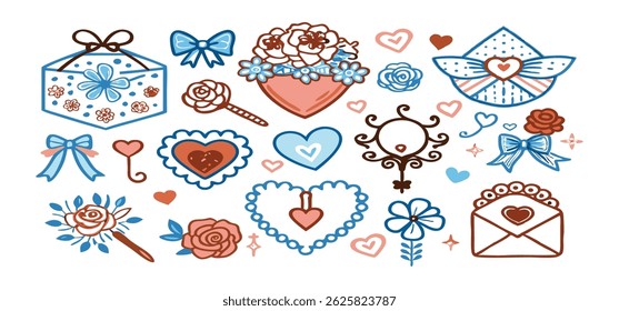 This charming set of hand-drawn coquette elements is perfect for Valentine's Day, birthdays, holidays, Friendship Day, and Christmas designs. Great for cards, prints, scrapbooks, and digital projects.