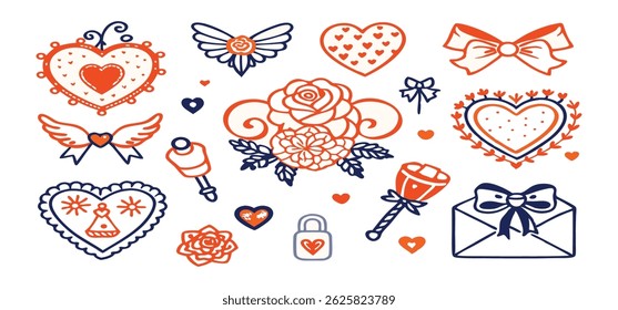 This charming set of hand-drawn coquette elements is perfect for Valentine's Day, birthdays, holidays, Friendship Day, and Christmas designs. Great for cards, prints, scrapbooks, and digital projects.
