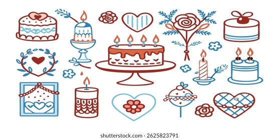 This charming set of hand-drawn coquette elements is perfect for Valentine's Day, birthdays, holidays, Friendship Day, and Christmas designs. Great for cards, prints, scrapbooks, and digital projects.