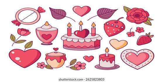 This charming set of hand-drawn coquette elements is perfect for Valentine's Day, birthdays, holidays, Friendship Day, and Christmas designs. Great for cards, prints, scrapbooks, and digital projects.