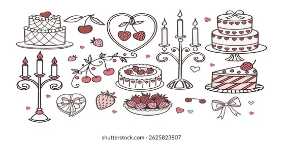 This charming set of hand-drawn coquette elements is perfect for Valentine's Day, birthdays, holidays, Friendship Day, and Christmas designs. Great for cards, prints, scrapbooks, and digital projects.