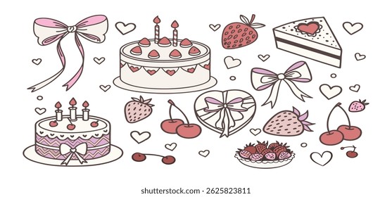 This charming set of hand-drawn coquette elements is perfect for Valentine's Day, birthdays, holidays, Friendship Day, and Christmas designs. Great for cards, prints, scrapbooks, and digital projects.