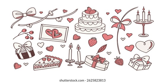 This charming set of hand-drawn coquette elements is perfect for Valentine's Day, birthdays, holidays, Friendship Day, and Christmas designs. Great for cards, prints, scrapbooks, and digital projects.
