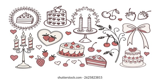 This charming set of hand-drawn coquette elements is perfect for Valentine's Day, birthdays, holidays, Friendship Day, and Christmas designs. Great for cards, prints, scrapbooks, and digital projects.