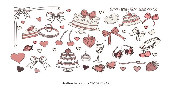 This charming set of hand-drawn coquette elements is perfect for Valentine's Day, birthdays, holidays, Friendship Day, and Christmas designs. Great for cards, prints, scrapbooks, and digital projects.