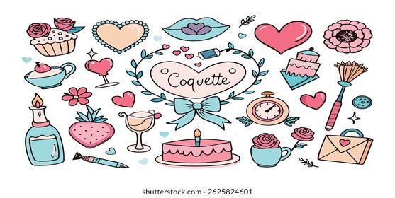 This charming set of hand-drawn coquette elements is perfect for Valentine's Day, birthdays, holidays, Friendship Day, and Christmas designs. Great for cards, prints, scrapbooks, and digital projects.