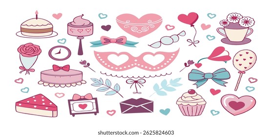 This charming set of hand-drawn coquette elements is perfect for Valentine's Day, birthdays, holidays, Friendship Day, and Christmas designs. Great for cards, prints, scrapbooks, and digital projects.