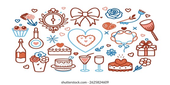 This charming set of hand-drawn coquette elements is perfect for Valentine's Day, birthdays, holidays, Friendship Day, and Christmas designs. Great for cards, prints, scrapbooks, and digital projects.