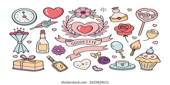 This charming set of hand-drawn coquette elements is perfect for Valentine's Day, birthdays, holidays, Friendship Day, and Christmas designs. Great for cards, prints, scrapbooks, and digital projects.