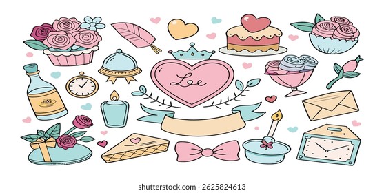 This charming set of hand-drawn coquette elements is perfect for Valentine's Day, birthdays, holidays, Friendship Day, and Christmas designs. Great for cards, prints, scrapbooks, and digital projects.